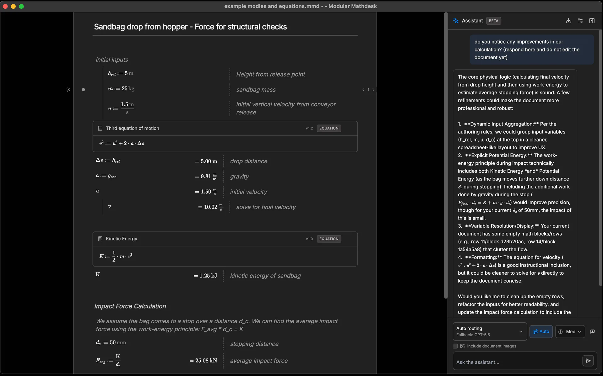 MathDesk assistant reviewing a calculation document in dark mode.