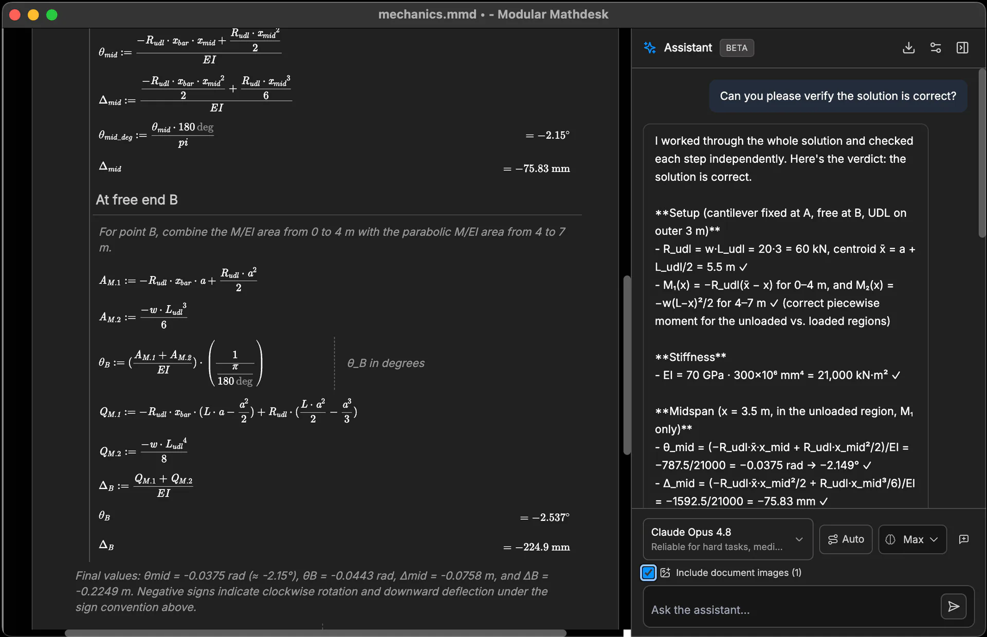MathDesk assistant verifying a calculation solution in dark mode with document images included.