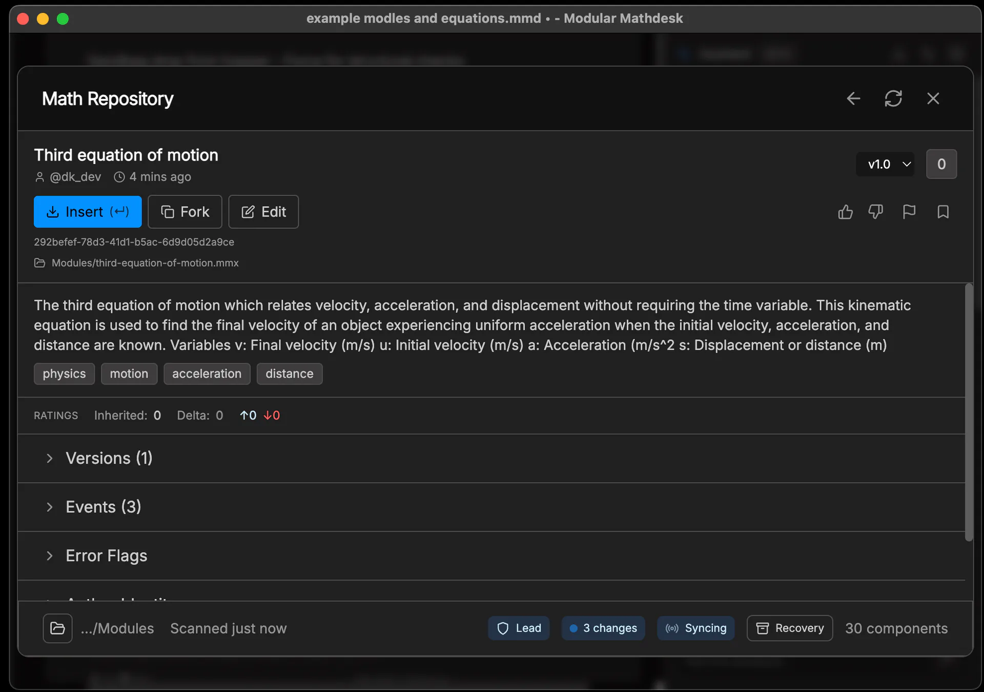 Repository detail view for an equation authored by dk_dev with version and review controls.