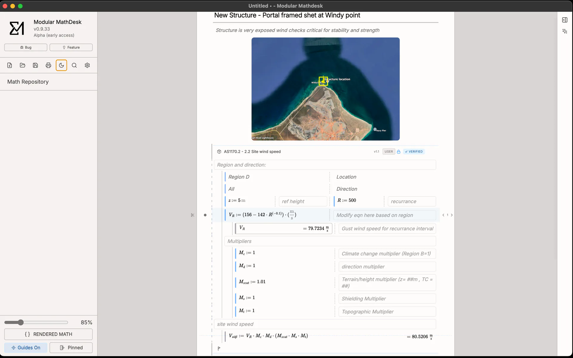 A reviewed wind-speed module inserted into a MathDesk calculation document.