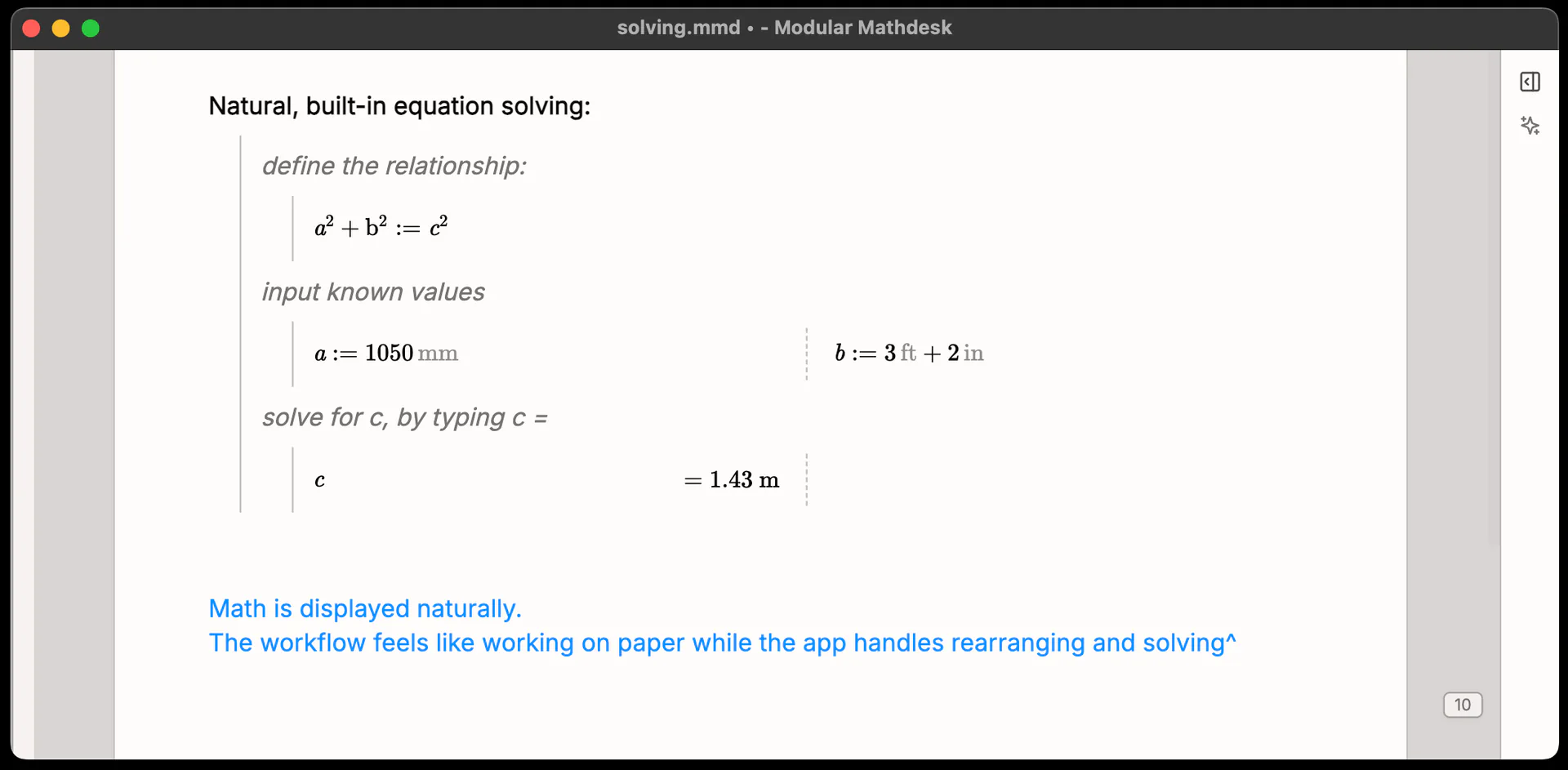 Modular MathDesk showing natural equation solving from a written relationship and known unit-aware inputs.