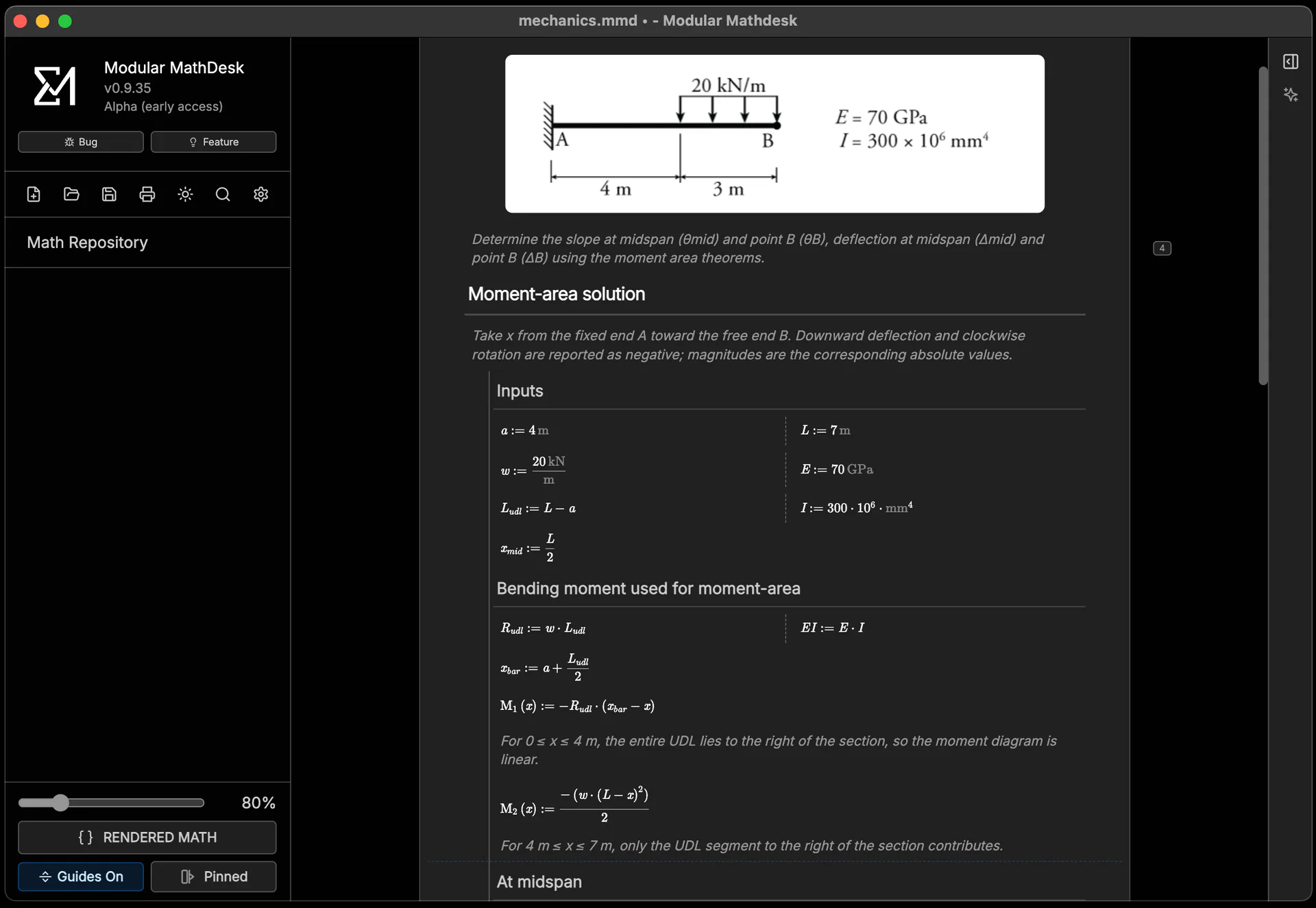 Modular MathDesk in dark mode showing a rendered technical calculation document.
